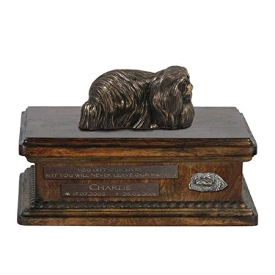 Afbeelding van Persoonlijke houten urn hond met Pekingees beeldje voor hondenas.