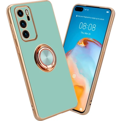 Afbeelding van Cadorabo Hoesje geschikt voor Huawei P40 in Glossy Turquoise Goud met ring Beschermhoes van flexibel TPU silicone Case Cover camerabescherming en magnetische autohouder