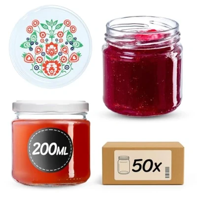 Afbeelding van KADAX Kleine weckpotten, 200 ml, jampotten, FI66 mm, mini honing en kruidenweckpotten, luchtdichte ronde potten (50 stuks, folklore motief)