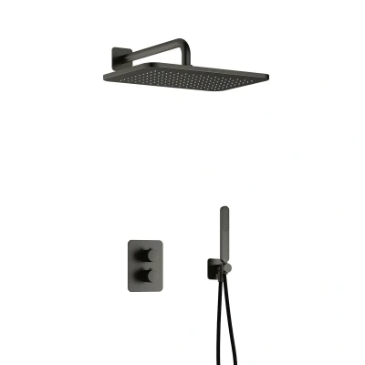Afbeelding van Hotbath Gal Regendoucheset IBS40A Geborsteld Gunmetal PVD Staaf Handdouche 40cm Hoofddouche Wandarm met wandhouder