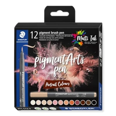 Afbeelding van STAEDTLER Brush Pen Pigment Arts, hoogwaardige tekeninkt, penseelpunt voor variabele lijnbreedte, waterdicht, sneldrogend, 12 penseelstiften in verschillende kleuren