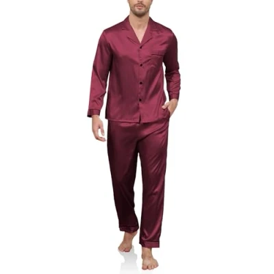 Afbeelding van Reliwel Zijden pyjamaset voor heren, overhemd met lange mouwen en broek, zijdeachtige tweedelige pyjamaset, gekerfde kraag, nachtkleding S XXL, Wijn rood
