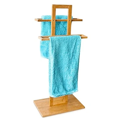 Afbeelding van Relaxdays handdoekrek bamboe, met 2 stangen, vrijstaand, zonder boren, voor badkamer, HBD 85 x 37 25 cm, natuur