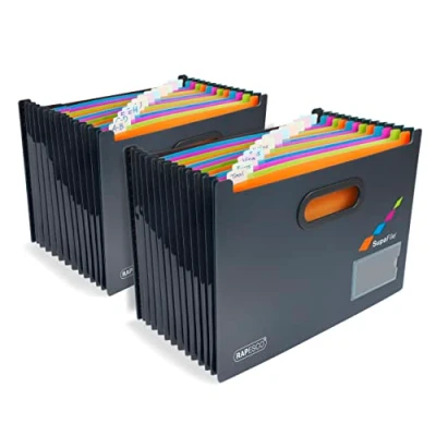 Image de Rapesco 1729 SupaFile Twin Pack Trieurs à Soufflets Horizontals avec 13 Compartiments, Surdimensionné, A4, Noir Intercalaires Multicolores