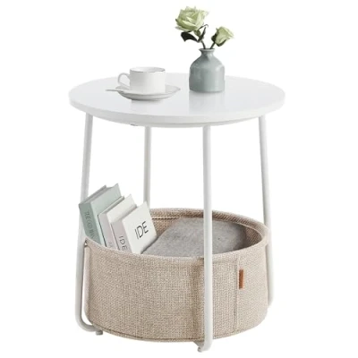 Afbeelding van VASAGLE Bijzettafel rond, kleine tafel, salontafel klein, woonkamertafel met mand van stof, opbergruimte voor woonkamer, slaapkamer, nachtkastje modern, wit beige
