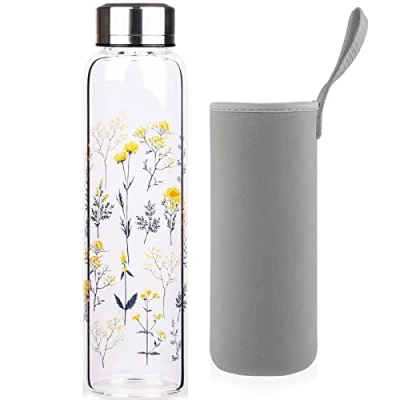 Afbeelding van Reeho borosilicaatglazen waterfles, glazen drinkfles met neopreenhoes en lekvrij roestvrijstalen deksel 500 ml, 1000 bloeiende takken)