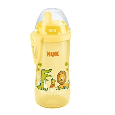 Image de Nuk Kiddy Cup Gobelet en Polypropylène (PP) pour enfant à partir de 12 mois 300 ml Bec verseur renforcé anti fuite Clip et bouchon protection Sans BPA Jaune