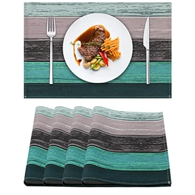 Afbeelding van Placemat linnen set van 4 stuks boerderij blauwe placemats antislip ideaal voor huisdecoratie party oudoor eetkamer landhuis houtnerf wasbare 45 x 32 cm groenblauw eettafelmatten borden onderzetters