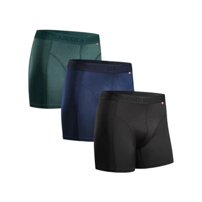 Image de DANISH ENDURANCE Lot de 3 boxers sport pour homme, respirants, doux, anti frottements, avec jambe normale ou longue, Multicolore (1 noir, 1 bleu, vert), M