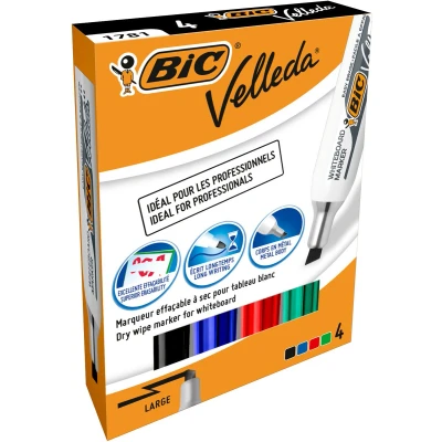 Afbeelding van BIC Velleda 1791 Stiften voor Dry Erase Whiteboard Grote Schuine Punt Diverse Kleuren 4 Stuks