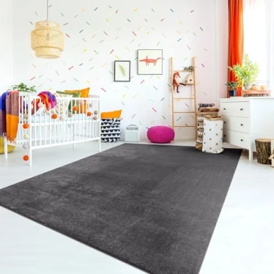 Afbeelding van TT Home Vloerkleed voor de kinderkamer, wasbaar, antislip, zacht, modern, effen patroon, pastelkleuren, antraciet, afmetingen: 160x220 cm