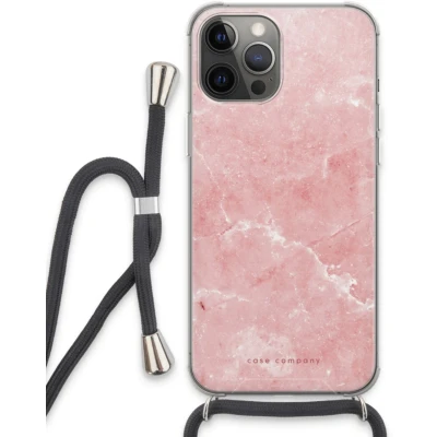 Afbeelding van Case Company® hoesje met Koord geschikt voor iPhone 13 Pro Max Roze marmer Telefoonhoesje Zwart Extra Bescherming aan alle Kanten en Over de Schermrand