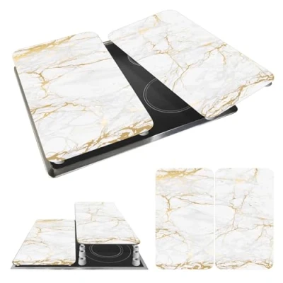 Image de WENKO Plaque de Recouvrement Universelle Mod Marbre Or, réglable en hauteur pour tout type cuisinière, planche à découper et protection anti éclaboussures, verre, 30 x 52 cm, 2 pièces