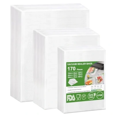 Afbeelding van Omtofo 170 vacuümzakken 15 x 25 cm + 20 30 28 40 wafelpatroon, BPA vrij, scheurvast, voor alle huishoudelijke vacuümmachines,