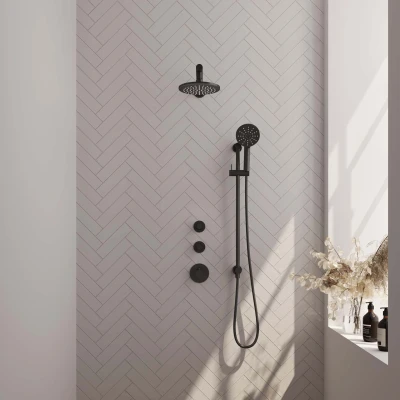 Afbeelding van Brauer Glad 20cm Rechte wandarm 3 Standen handdouche Met glijstang Mat zwart