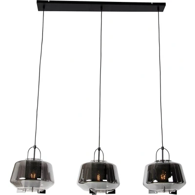 Afbeelding van QAZQA Hanglamp zwart met smoke glas 30 cm langwerpig 3 lichts Kevin