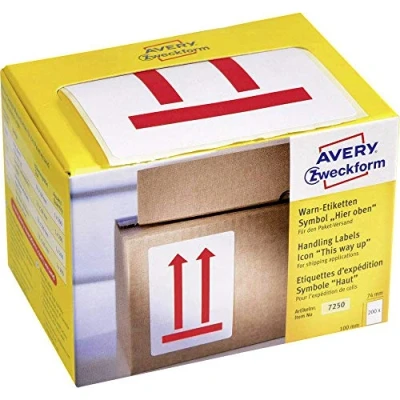 Afbeelding van Waarschuwings etiket Avery &#039;This way up&#039; op rol in dispenser 74x100mm