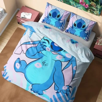 Afbeelding van Disney Stitch Beddengoedset met dekbedovertrek en kussensloop voor kinderen jongeren, eenpersoons of tweepersoonsbed (dubbele blauwe stip)