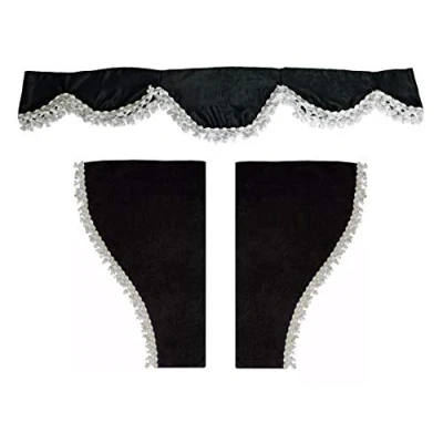 Afbeelding van Set van 3 decoratieve pluche gordijnen met witte pompons voor Volvo vrachtwagens (zwart)