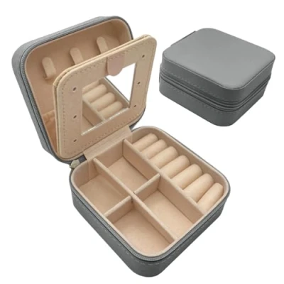 Afbeelding van igadgitz home U7286 Mini Draagbare Sieradendoos, Kleine Reizen Sieraden Organisator Reisetui Met Spiegel Grijs