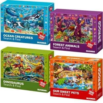 Afbeelding van QUOKKA Vloerpuzzel van 4, 5, 6 jaar, puzzel, 100 stukjes, 6, 7, 8 educatief spel om te zoeken en ontdekken, 4 wilde dieren, dinosaurus, oceaan, voor jongens meisjes, cadeauspelletjes