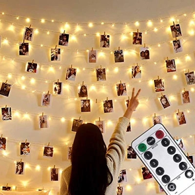 Afbeelding van Lichtslinger met fotoclips, USB of batterijvoeding, 10m, 100LED, afstandsbediening, 8 modi, voor binnenhuisdecoratie, slaapkamers, bruiloften, partijen, Kerstmis (50 clips en 25 nagels, warm