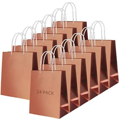Afbeelding van Belle Vous Rose Gouden Papieren Folie Geschenk Zakken met Witte Gedraaide Handvatten (24 Pak) H23,2 x B20 cm Voor Verjaardag, Huwelijk, Babyshower en Winkelen