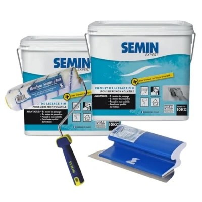 Afbeelding van Semin Gladmakende coating voor wandafwerking Binnenkant 10 kg emmer (2 stuks), een rol, 23 cm en mes om te coaten glad maken, 25