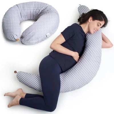Image de Niimo Coussin de Grossesse et d&#039;allaitement XXL Housse Maternité 100% Coton, Distingué par Deux Prix en 2022, Lavable, (Gris avec Pois Blancs)