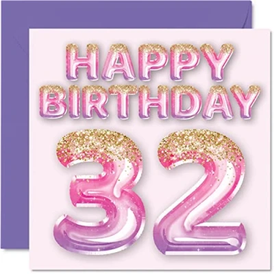 Afbeelding van Verjaardagskaart voor vrouwen Roze en paarse glitterballonnen Verjaardagskaarten 32 jaar, vriendin, zus, moeder, tante, 145 mm x mm, wenskaarten cadeau dertig tweedertig