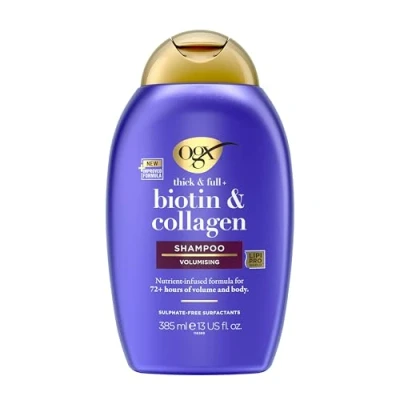 Afbeelding van OGX Biotine &amp; collageen shampoo 385 ml, voedzame volume met biotine, en tarwe eiwit, sulfaatvrij, kersenbloesem