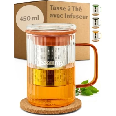 Afbeelding van Cosumy theemok met theezeef en deksel, 450 ml, van borosilicaatglas onderzetter kurk gekleurde handgrepen