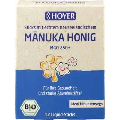 Afbeelding van Hoyer Manuka 12 stuks biologische vloeibare honingsticks met vitamine C echte manukahoning MGO 250+ ter ondersteuning van het immuunsysteem 96 g