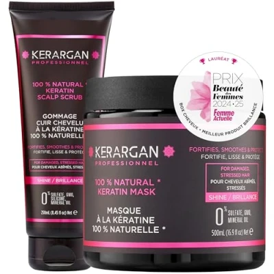 Afbeelding van Kerargan Duo masker en haarscrub met keratine voor beschadigd gestrest haar voedt, exfolieert beschermt zonder sulfaten, GGO&#039;s, minerale olie 500 ml + 250