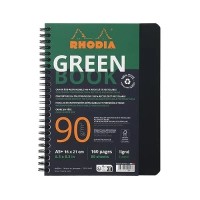 Image de Cahier A5 Clairefontaine Rhodiactive Greenbook recyclé et recyclabe avec 160 pages perforées détachables 16 x 21 cm Noir