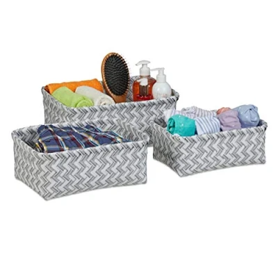 Afbeelding van Relaxdays opbergmand gevlochten 3 stuks badkamer mandje kast organizer opbergmandjes wit grijs