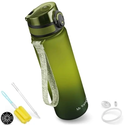 Afbeelding van My Vesperbox Minny Drinkfles voor kinderen, lekvrij, 350 ml, 500 750 met rietje of zeef, BPA vrij, kleuterschool, school (750 groen, lichtgroen, zwart)
