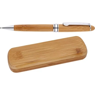 Afbeelding van MPM Quality houten balpen in bamboe doos, milieuvriendelijk, elegante hout/metalen pen, licht hout/zilver glanzend, blauwe inkt
