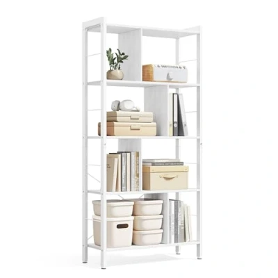 Afbeelding van VASAGLE Plank, boekenkast, 5 niveaus, bureauplank met standaard, open groot, metalen structuur, moderne stijl, esdoornwit en wolkenwit LBC012W44