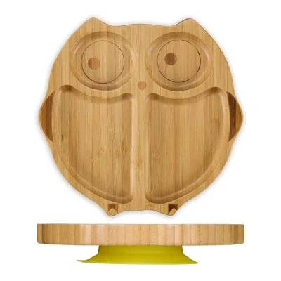 Afbeelding van vakjesbord uil 4 vakjes babybord met zuignap antislip diep kinderbord bamboe natuur