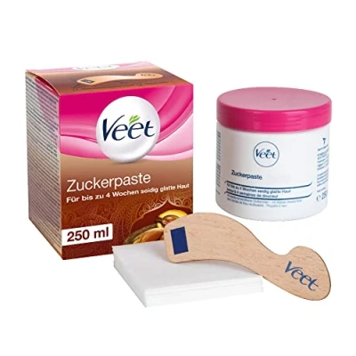 Afbeelding van Veet Vanillebloesem Suikerpasta voor gezicht en lichaam, 250 ml, met houten spatel stofstroken