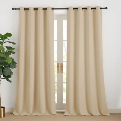 Afbeelding van NICETOWN Thermische verduisteringsgordijnen, anti kou, met oogjes, ondoorzichtig, licht, blokkerende decoratie voor slaapkamer, woonkamer, L 140 x H 240 cm, donkerbeige, 2 stuks