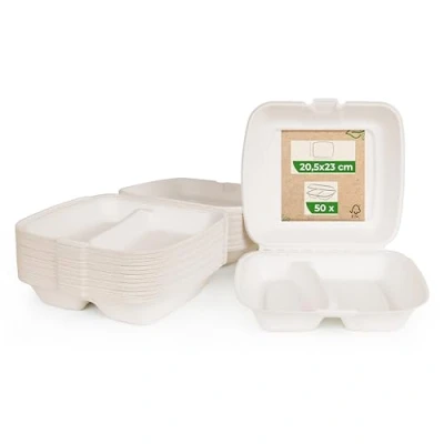 Afbeelding van Love Nature Milieuvriendelijke menubox 2 verdeeld 50 stuks wegwerp servies suikerriet menudoos Away Verpakking To Go voedselverpakking