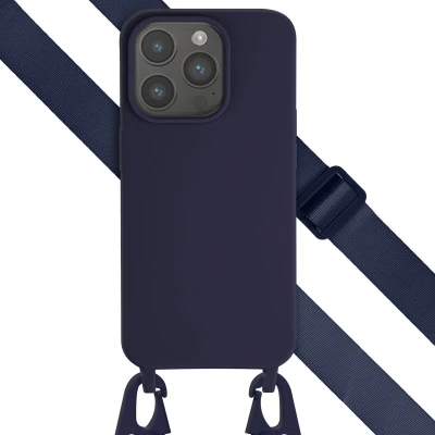 Afbeelding van Selencia hoesje met koord Geschikt voor iPhone 15 Pro Siliconen afneembaar Donkerblauw