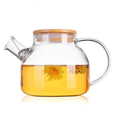 Afbeelding van TAMUME 1000 ml glazen theepot met bamboedeksel en roestvrijstalen filter, ideaal voor fruit bloementheepotten