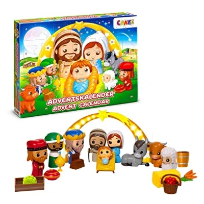Afbeelding van CRAZE Adventskalender voor kinderen, kerststall, speelstal kinderen met speelfiguren, speelgoedadventskalender vanaf 3 jaar