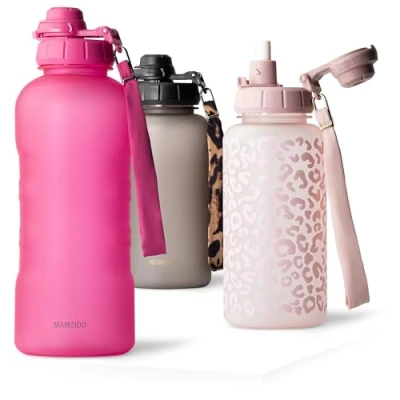 Afbeelding van MAMEIDO Drinkfles, 2 l, met rietje en motivatietijdmarkering, sportfles polsband, waterdichte kinderfles, BPA vrije waterfles, waterfles (Glow Couture, 2000 ml)