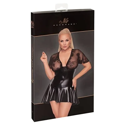 Afbeelding van Noir Handmade Wetlook Mini jurkje Met Klokrokje en Elastisch Kant Grote Maten/Plus Size 6XL