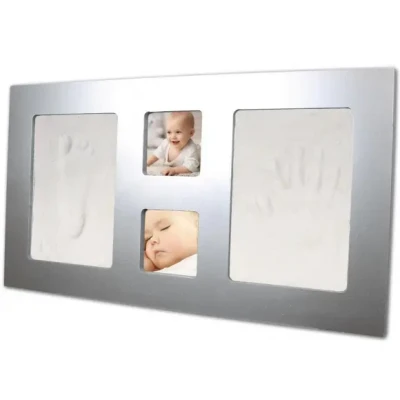 Afbeelding van Xplorys Happy Hands grote fotolijst en handafdrukset voor twee handen of voeten (gemakkelijk te hanteren, incl. modelleermateriaal), zilver, 42 x 23,5 cm