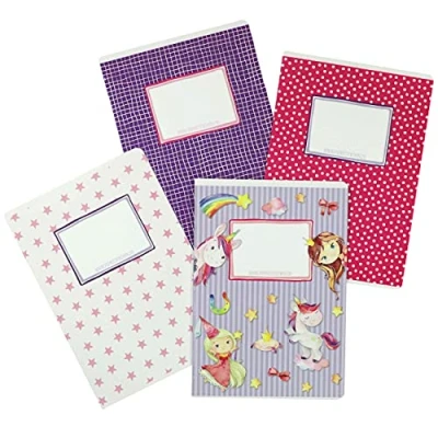 Afbeelding van Papierdrachen Set van 4 hoogwaardige schoolschriften voor kinderen A5 formaat gelinieerd en geruit 32 pagina&#039;s Eenhoornmotief de eerste schooldag basisschoolleerlingen 16